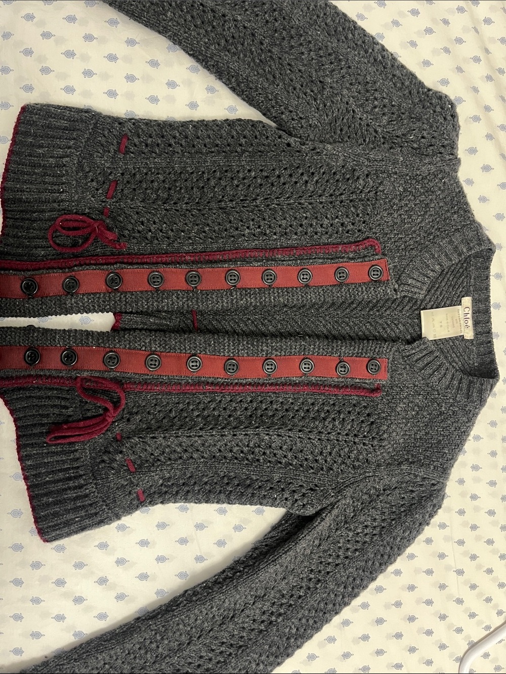 Chloe Charcoal Cable Knit Cardigan with Burgundy Trim